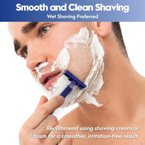 Twin Blade Disposable Razors for Men & Women ? Bulk 60 Pack Stainless Steel Shavers with Lubricating Strip, Safety Cap & Non-Slip Handle for Sensitive Skin, Travel, Hotel, Charity ? Blue