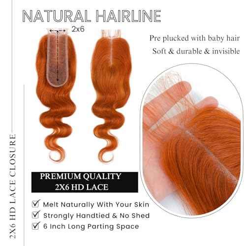 ALHER Ginger Orange 3 Bundles with 2x6 Closure (18 20 22+18), Body Wave #350 Bundles with 2x6 Long Deep Part Lace Closure Pre Plucked, 12A Grade 100% Unprocessed Brazilian Virgin Remy Human Hair