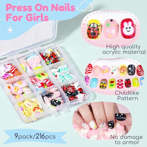 Teenitor Press On Nails for Kids Girls | 216pc 9 Designs