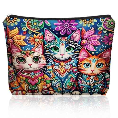 Bohemian Cat Makeup Bag Gift: Cute Boho Cats Themed Cosmetic & Toiletry Organizer Pouch For Daughters, Sisters, Friends,Teen Girls & Women.Ideal Gift For Travel, Birthdays, & Christmas.