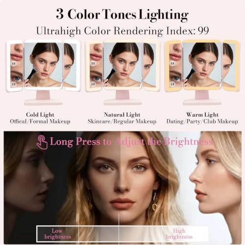 SIMETRA 15.6'' Pink Rechargeable LED Makeup Mirror with Lights & Trifold Design