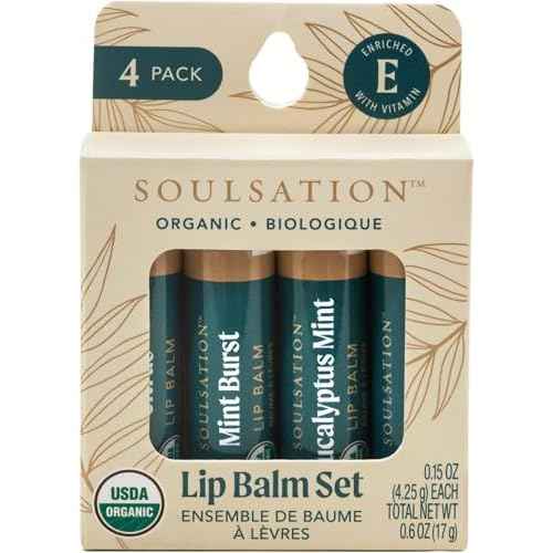 Organic Lip Balm Set, 4 Flavors - Moisturizing for Cracked & Dry Lips