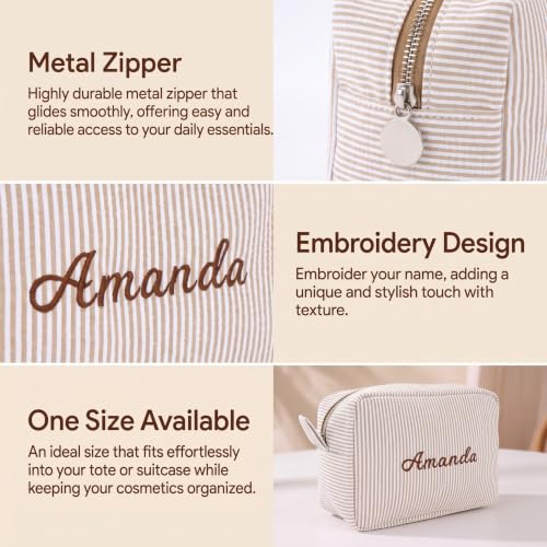 MT WORLD Personalized Cosmetic Bag for Women Girls Brown Seersucker Makeup Organizer