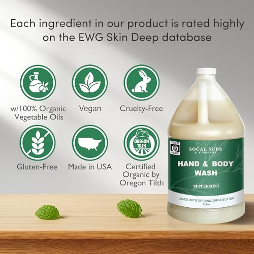 SoCal Suds & Company 128oz Certified Organic Hand & Body Wash w/Shea Butter- Gentle Natural Body,Baby & Face Wash for Sensitive Skin, Moisturizing Thick Castile Soap, Hand Soap and More - Peppermint
