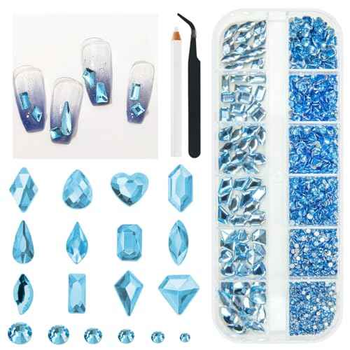 1802Pcs Light Blue Nail Rhinestones Baby Blue Gems for Nails 72 Multi Shapes K9 Glass Big Diamonds +1730 Flatback Round Beads Stones Crystals Jewels Nail Art Charms for Nails Faces Eyes Makeup