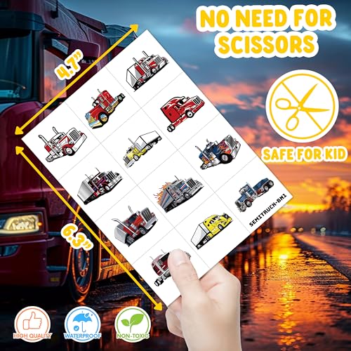 Semi Truck Temporary Tattoos for Kids ? 96+ Big Rig Tattoo Stickers for Boys Girls ? Transportation Theme Birthday Party Favors, Goodie Bag Fillers, Fake Waterproof Tattoos