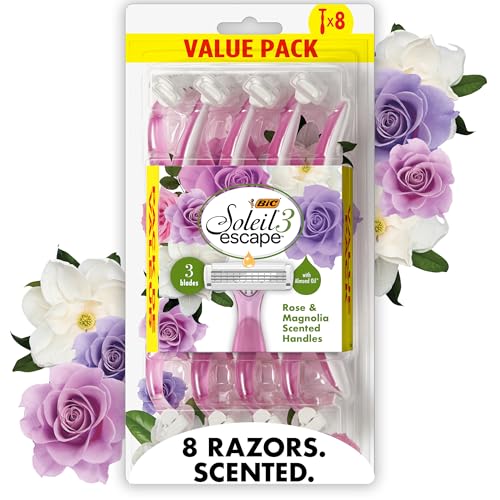 BIC Soleil 3 Escape Scented Women's Disposable Razors, 3 Blades, Comfortable Shave, Rose and Magnolia Scented Handle Shaving Razors for Women, 8 Count