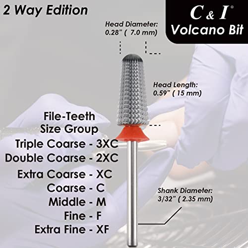 C & I Nail Drill, Volcano Bit, 2 Way Edition Efile for Nail Techs to Remove Nail Gels Acrylic Nails and Dipping, Double Hand Use Drill Bit for Electric Manicure Drill Machine (Triple Coarse -3XC)