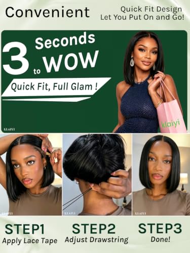KLAIYI Yaki Straight Bob Wig Human Hair Glueless 13x4 Lace Front, Pre-Plucked & Ready to Wear, 12 Inch