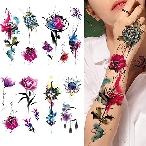 Glaryyears Watercolor Flower Temporary Tattoos, 10 Pack