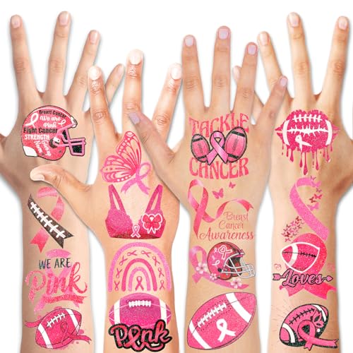 HOWAF 72pcs Breast Cancer Awareness Temporary Tattoos, Glitter Pink Out Football Tattoos, Football Pink Ribbon Themed Tattoos Stickers for Breast Cancer Month Charity Event Supplies Favors
