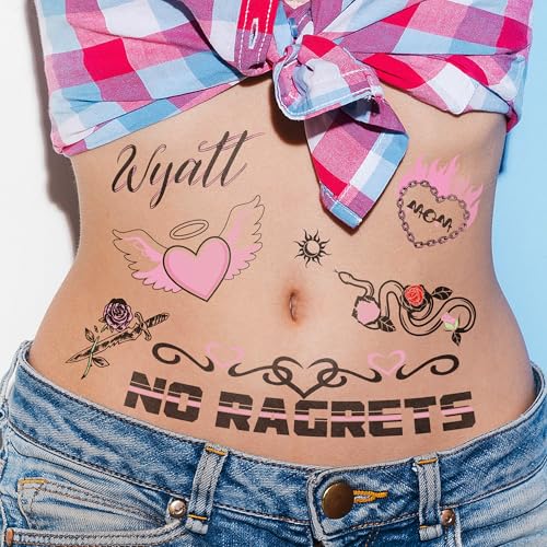 Temporary Fake Tattoos Y2K Accessories for Adult Women, Tramp Stamp White Trash Bachelorette No Ragrets Tattoo, White Trailer Trash Attire Women Party Decorations 4 Sheets