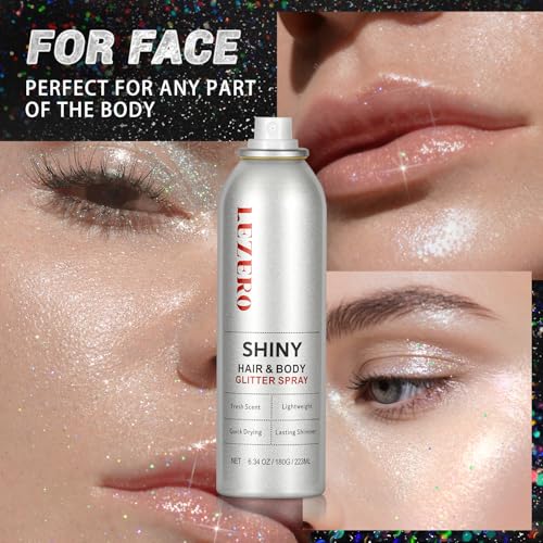 Hair and Body Glitter Spray for Women, Rainbow Silver Shimmer Makeup, Large Capacity for Festival Rave Outfits Accessories, 200ml/6.34oz