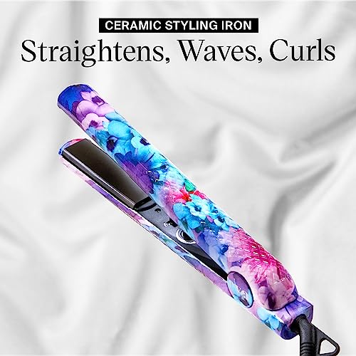 Eva NYC Healthy Heat Ceramic Styling Hair Iron, Flat Iron Hair Straightener with Far-Infrared, Hair Iron Straightener with Adjustable Heat, Straightening & Curling Tool, 1.25 Inches, Floral Frenzy