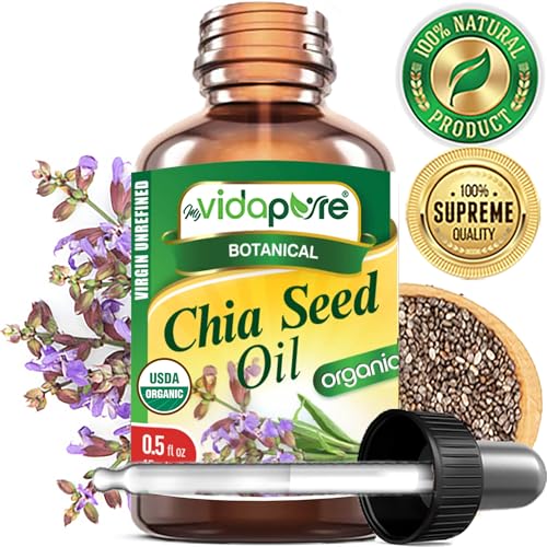 MYVIDAPURE Organic CHIA SEED OIL Certified Organic 100% Natural Pure VIRGIN UNREFINED Undiluted Cold Pressed Carrier Oil for Face Skin Body Hair Lip Nails Anti-Aging Rich in Vitamin E (0.5 Fl Oz)