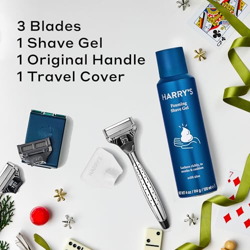 Harry's Shaving Holiday Gift Set for Men - 1 Razor Handle (Craft Edition), 3 Original Razor Blade Refills, Foaming Shave Gel & Travel Blade Cover