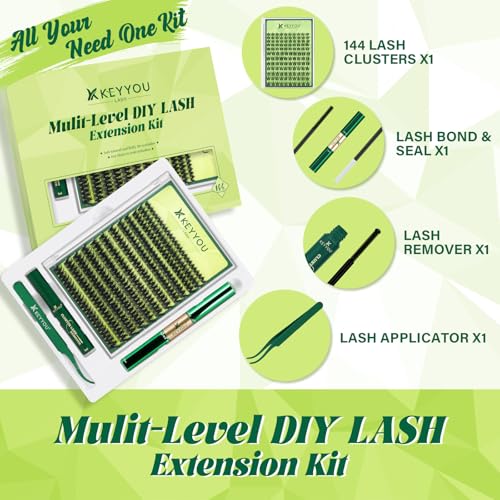 KEYYOU Lash Extension Kit 3D Effect Volume Lash Clusters Flaunt Style 144PCS D Curl Waterproof DIY Kit Flora Inspired Wispy Look LengthLock 8?18mm Ultra-Thin Black Band (PuffSilk V3D01 Kit)