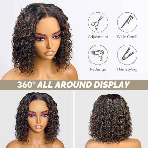 Highlight Curly Human Hair Wig 1B/30 Glueless Wigs Human Hair Pre Plucked Pre Cut No Glue Deep Wave Wig Short Ombre Brown Bob Wig Wear and Go Glueless Wig 200 Density for Women 12"