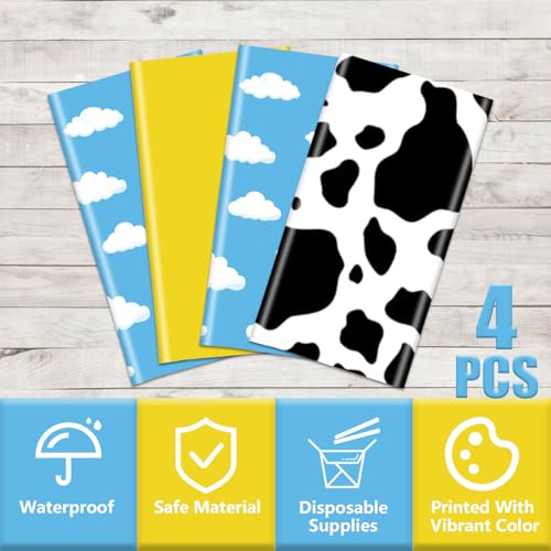 QUERICKY 4 Pack Colorful Cow & Check Pattern Plastic Tablecloths for Kids Birthday & Baby Shower, 87x51 inch, Blue, Yellow, Black