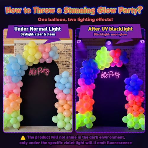 100 UV Neon Balloons - 12 Inch Glow in the Dark Party Supplies