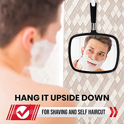 Large Hand Mirror with Comfy Handle - No Distortion Black Portable Handheld Mirror & 20X & 15X Magnifying Mirror Set with 3 Suction Cups Each - Compact & Travel Ready Mirror for Makeup Bundle