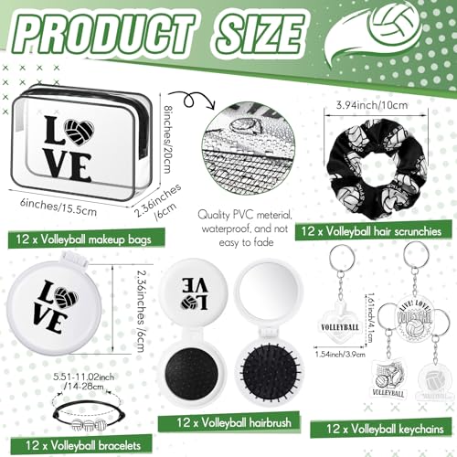 Meanplan 60 Pcs Volleyball Party Favors Volleyball Team Gifts for Players with 12 Set Bracelets Keychains Makeup Bag Mini Brush with Mirror Hair Scrunchies for Sport Party Supplies