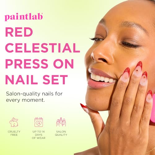 PaintLab Celestial Red French Tip Press On Nails - Medium Almond, 30-Piece Kit