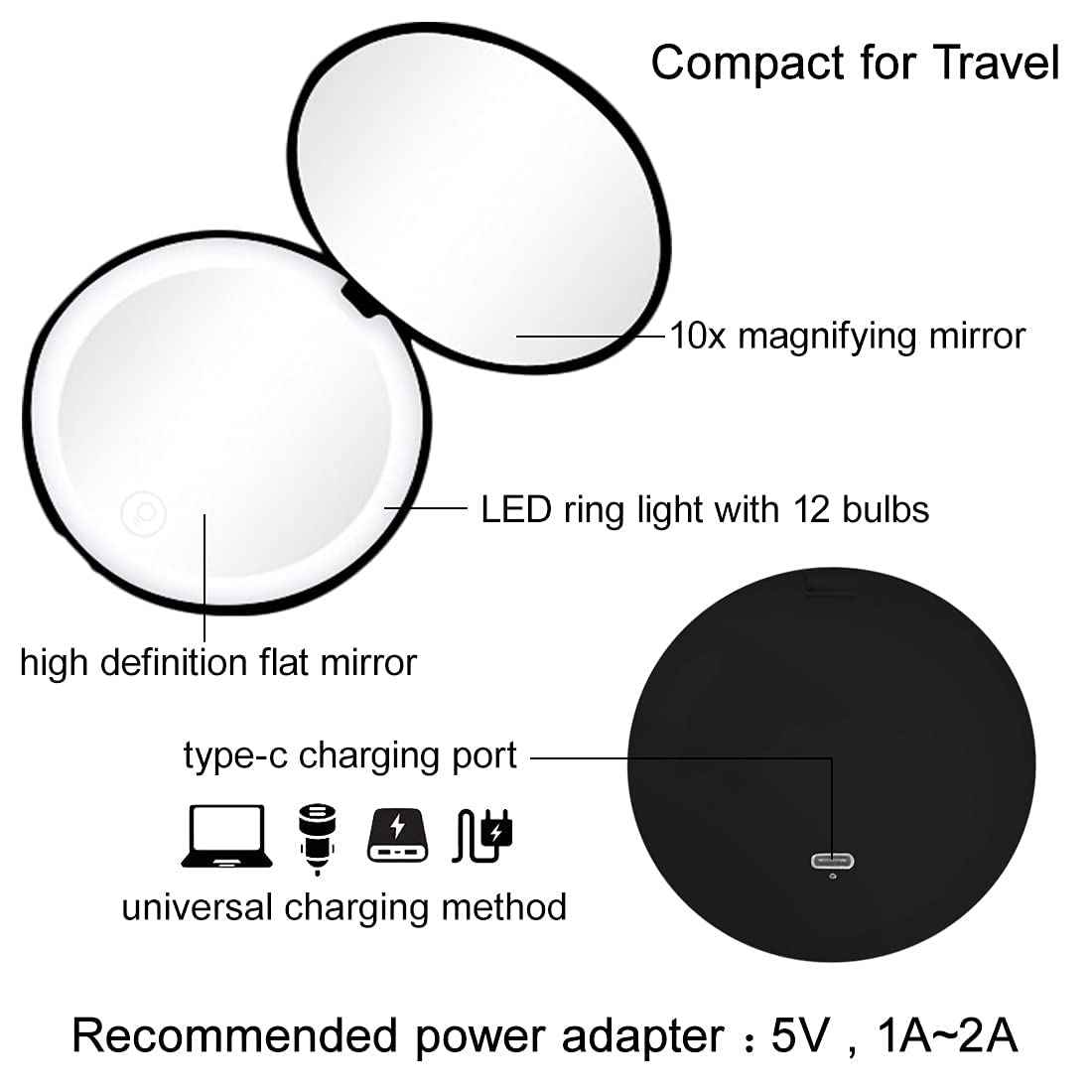 Milishow Compact Mirror with LED Light,1x/10x Magnifying Rechargeable Mirror,3.5in, Dimmable Travel Mirror for Purse,Pocket,Handheld 2-Sided Makeup Mirror