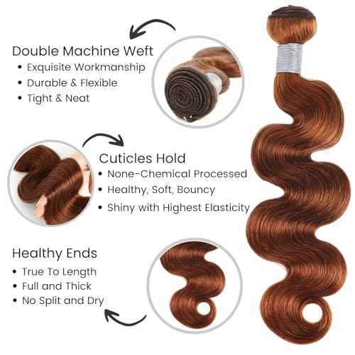 ALHER 33 Reddish Brown 3 Bundles with 2x6 Lace Closure Body Wave, 12A 100% Unprocessed Brazilian Virgin Remy Human Hair, Copper Brown Wavy Bundles with 2x6 Long Deep Part Lace Closure 12 14 16+12 Inch