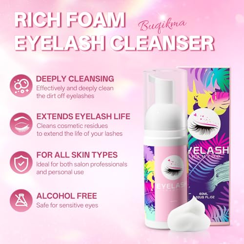 Pink Lash Shampoo for Extensions 2.02 Fl Oz - Lash Cleanser Kit with Brushes