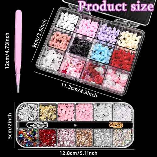 2 Boxes 3D Nail Charms Set, 8 Colors Nail Bows Charms, Multi Color Bow Flower Butterfly Moon Heart Pearls Acrylic Nail Art Charms, Nail Charms and Gems, Nail Art Pearl Rhinestones for Nail Art DIY