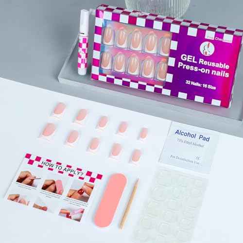 Anyos 16 Sizes French Tip Short Duck Press on Nails,Soft Gel Fake Nails Glossy 32pcs with Nail Glue (Classic French)