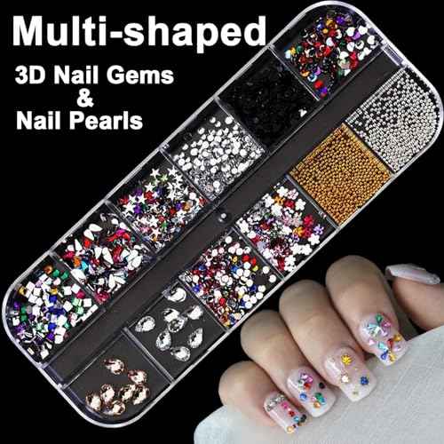 Nail Art Charms and Gems, 8 Boxes of 3D Nail Rhinestones Kit, Multi-Size of Nail Jewels Accessories Flatback Nail Pearls Multi Shape Nails Crystals Resin Nails Decor Supplies with Tools