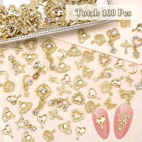 100 Pcs Gold Nail Charms and Gems, Gold Dangle Star Bows Nail Gems Charms, Metal Crown Heart Butterfly Charms for Acrylic Nail Art Alloy Cross Nail Charms for Women DIY Accessories