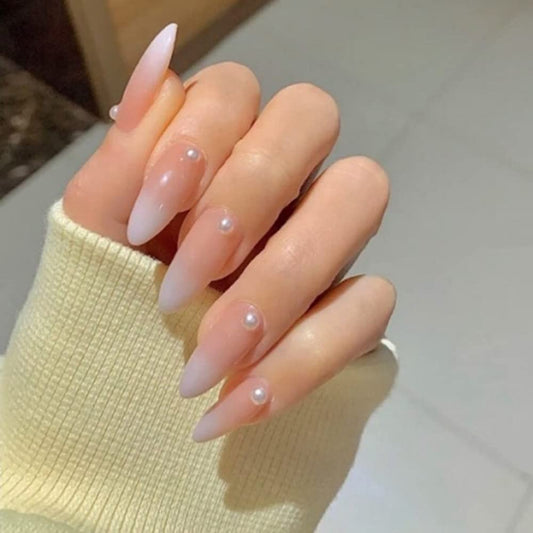 DOUBNINE Press On Nails Almond Long Nude Pearl Gradient Pink Glitter Acrylic False Nails with Glue Glossy Ballerina Natural Look Full Cover Stick On Nails for Wedding Women