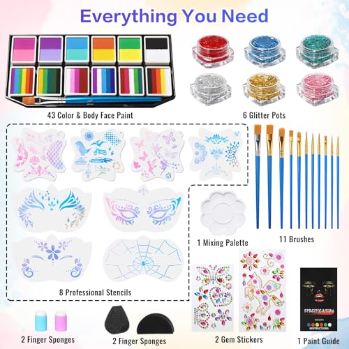 42-Color Face Paint Kit with Brushes & Stencils