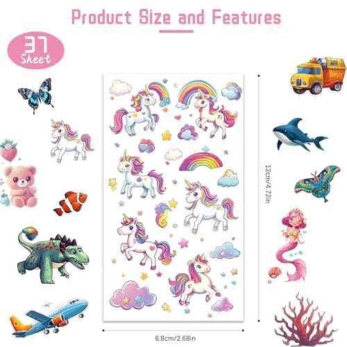 Tattoos for Kids, 350+ Mixed Styles (37 Sheets) Temporary Tattoos Stickers Set Gift for Girls and Boys, Space Dinosaur Animals Butterfly Tattoos for Kids Birthday Party Supplies