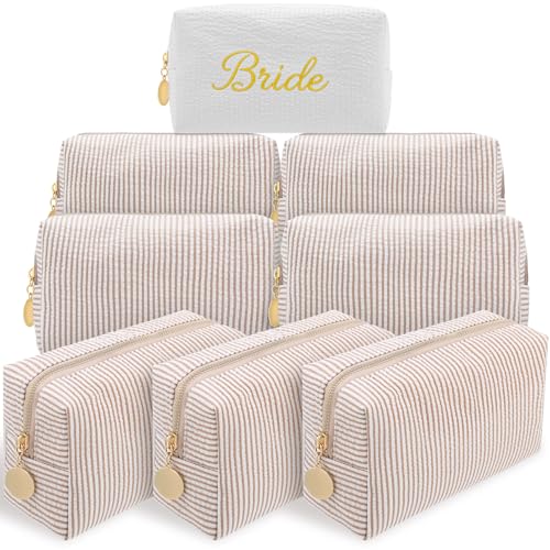 8-Piece Bridesmaid Makeup Bag Set, Seersucker & Embroidered