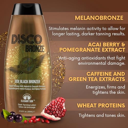 Disco Bronze 30X Black Bronzer Tanning Lotion - Indoor & Outdoor UV Tan Accelerator with DHA, Natural & Cosmetic Bronzers, Proprietary Melanin Boosting Formula, Made in USA for Men & Women ? 10 oz