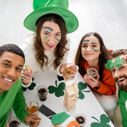 Totelux St Patricks Day face Stickers Shamrock Glitter Tattoos Green Clover Face Tattoos with Gems Eye Body Fake Temporary Tattoo for Adult kids Makeup St Patricks Day Decoration Parade Party Supplies