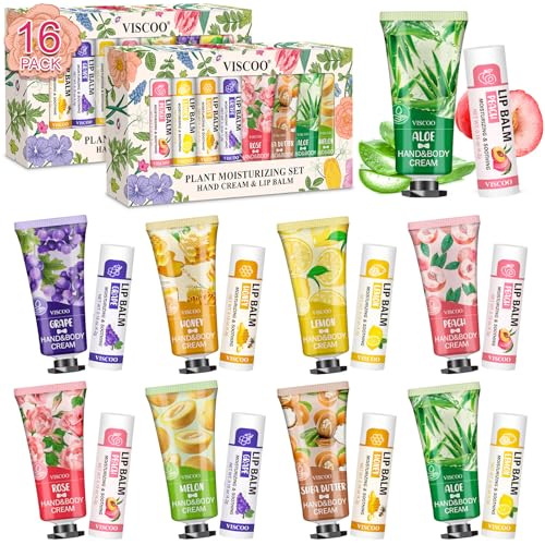 VISCOO Bulk Lip Balm and Hand Cream Gift Set, 16 Pack Party Favors