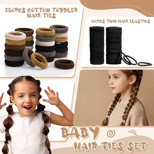 360PCS Soft Cotton Hair Ties for Toddlers & Baby - No Damage Elastics Seamless Ponytail Holders for Little Girls Daily Hair Accessories, Neutral Colors