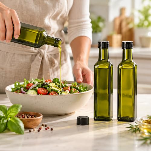 TBWIND Olive Green 8.5oz Glass Olive Oil Bottles – 15 Pack with Airtight Caps & Labels