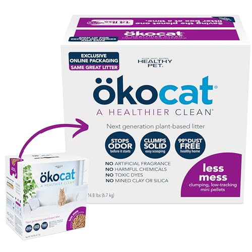 ÖKOCAT Natural Wood Clumping Cat Litter, Mini-Pellets, 14.8 lbs, Great for Long-Hair Breeds, Low Tracking, 99% Dust Free, Biodegradable, Odor Control, Unscented