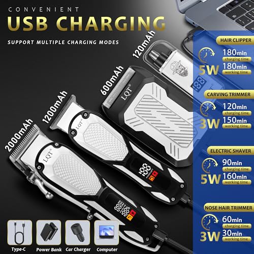Hair Clippers for Men 4 Pcs White LED Display Cordless Clippers Set Professional Electric Beard Trimmer for Men Foil Shaver Nose and Ear Hair Trimmer with Storage Bag, Men's Gifts