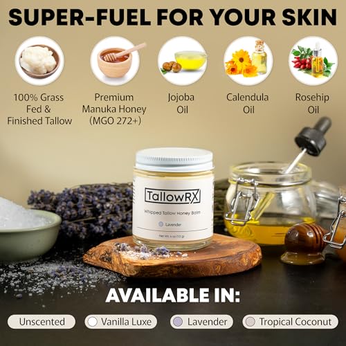 100% Grass-Fed Beef Tallow for Skin ? Whipped Tallow Honey Balm, Pure & Organic Moisturizer for Face & Body with Manuka Honey, Jojoba & Calendula ? Deep Hydration & Soothing (4 oz, Vanilla Scented)
