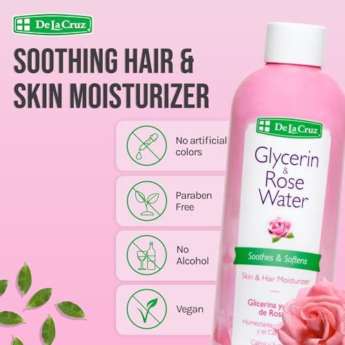 De La Cruz Rose Water and Glycerin for Face - Rosewater Facial Toner and Moisturizer for Skin and Hair 8 fl oz. (236 mL) - 1 Bottle