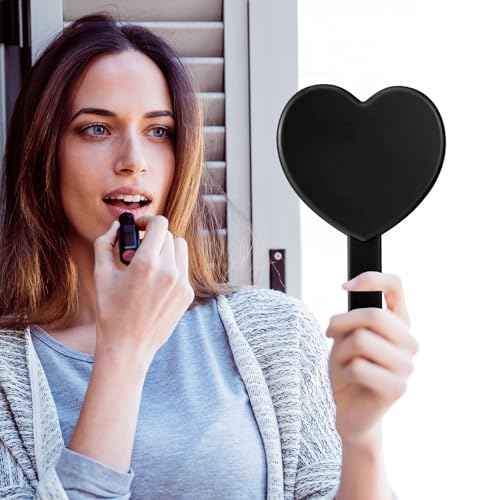 TIESOME Heart Shaped Handheld Mirror, Drop-Resistant Small Heart Mirrors with Handle Portable Travel Cosmetic Lash Mirror Hand Mirror for Women Valentine's Day Birthday(Black)