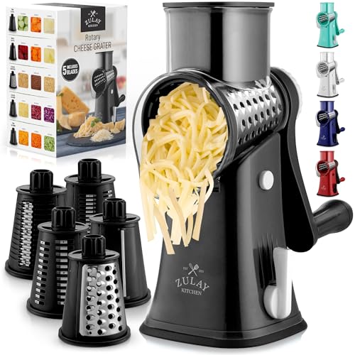 Zulay Rotary Cheese Grater 5 Blade Cheese Shredder - Manual Hand Crank Cheese Grater With Reinforced Suction & 5 Interchangeable Drums - Easy to Use Vegetable Chopper - Brilliant White