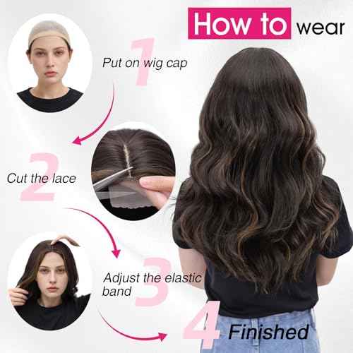 18 Inch Dark Brown Wig for Women, Middle Part Medium Length Wavy Synthetic Hair Wig, Upgraded Strands Natural Hairline Design for Daily Party Halloween(Dark Brown,18 Inch)